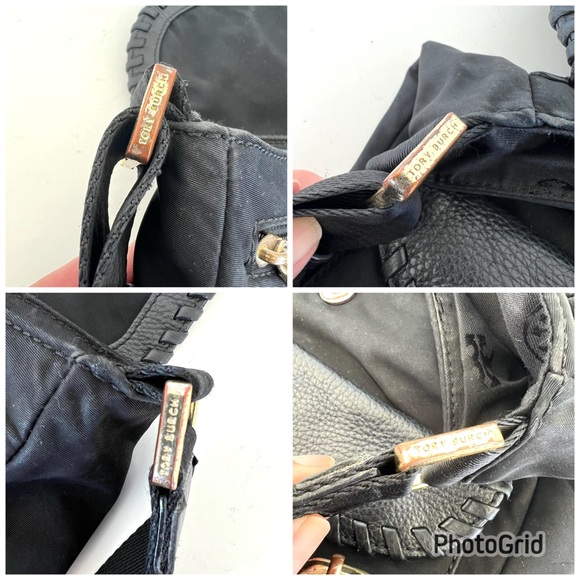 TORY BURCH Black Nylon Pebbled Leather Front Logo Tote Shoulder Bag Crossbody - Picture 13 of 16